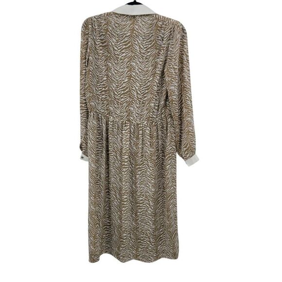 Vtg 70s Tan Zebra Long Sleeve Collared Midi Dress Sz S‎ Sheer Modest Church - Picture 7 of 10